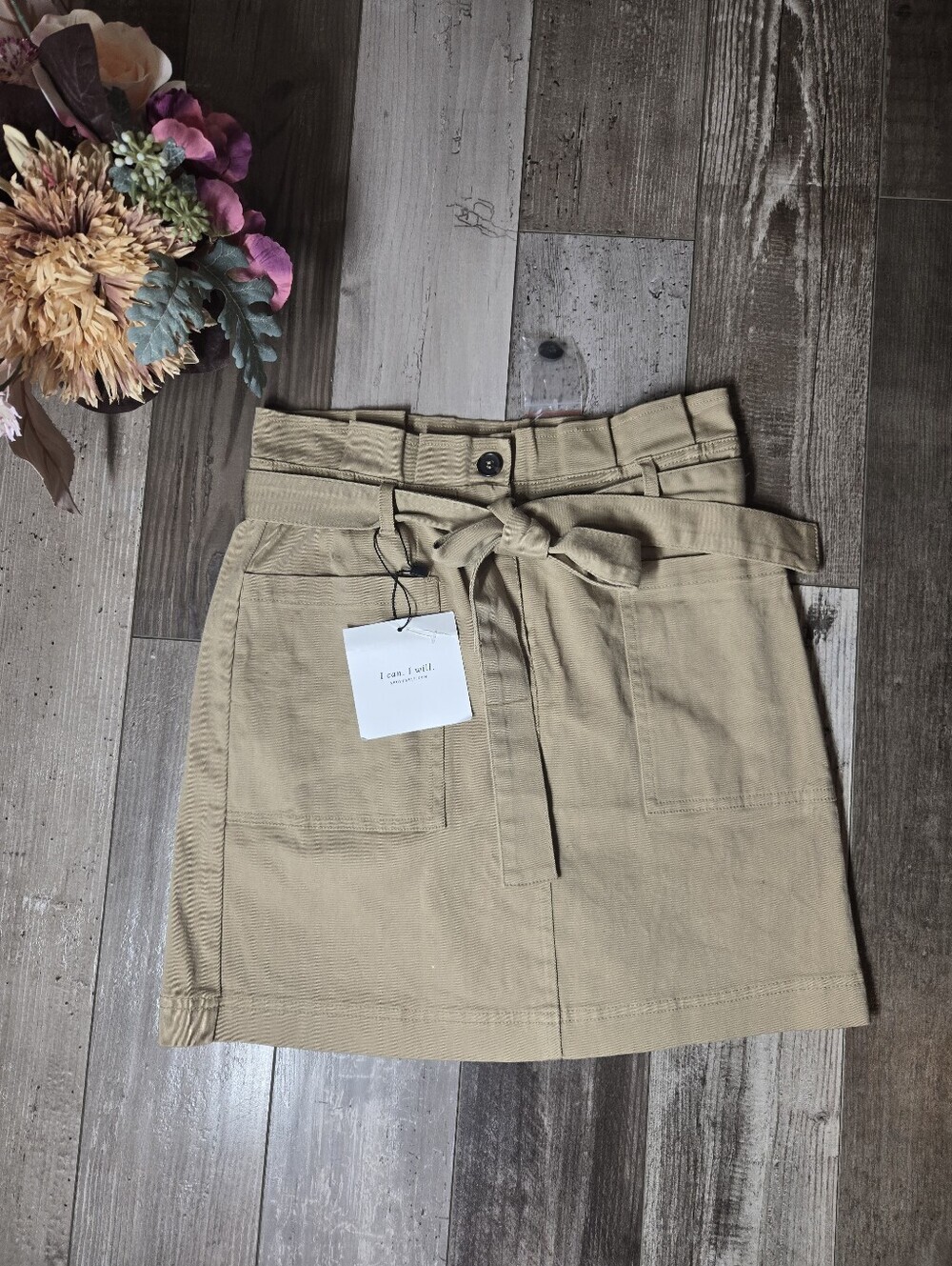 NWT Above Able Blu Pepper Tan Paperbag Waist Mini Skirt with Tie Women's Small